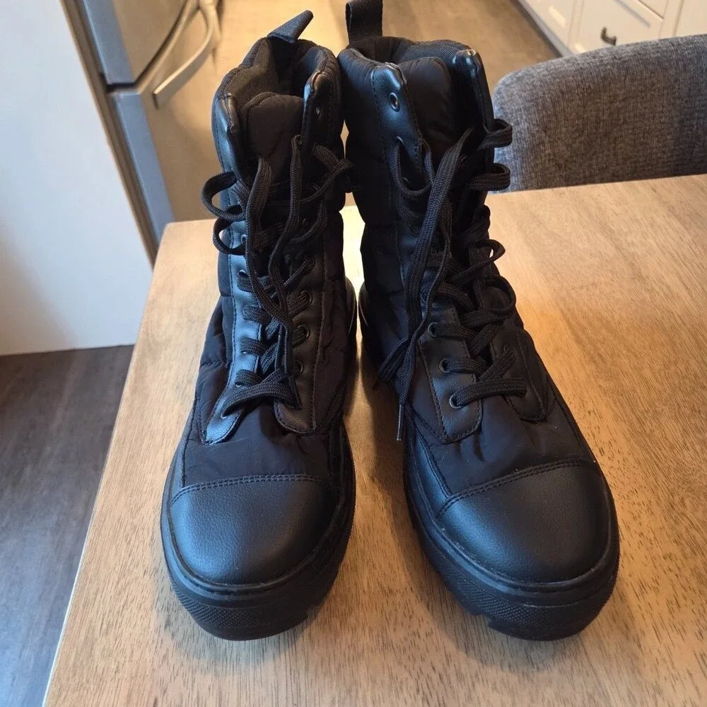 Zara Black Quilted Puffer‎ Lace Up Ankle Boots Lug Sole EURO 41